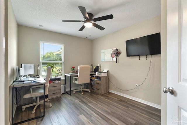 office featuring a textured ceiling, ceiling fan, and dark hardwood / wood-style floors