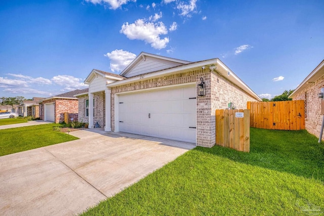 ranch-style home featuring a garage, concrete driveway, brick siding, and a gate