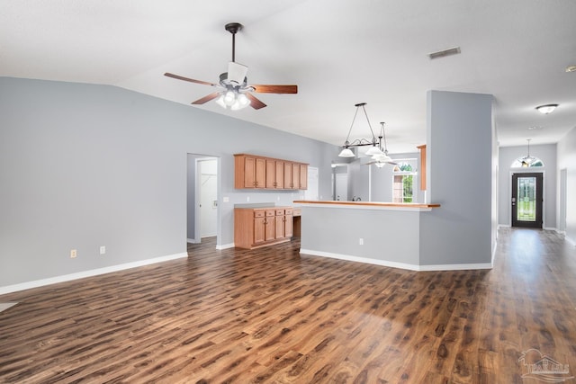 7292 Broadmoor St, Navarre, FL 32566 - unfurnished living room featuring dark wood-style floors, a ceiling fan, and lofted ceiling