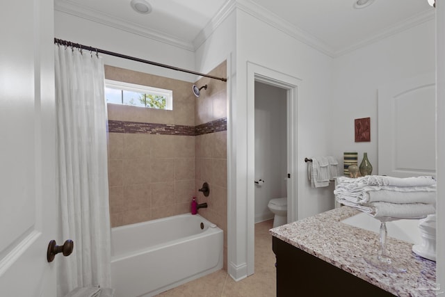 bathroom featuring shower / tub combo with curtain, toilet, ornamental molding, tile patterned flooring, and baseboards