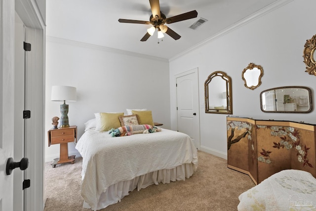 bedroom featuring light carpet, baseboards, visible vents, and crown molding