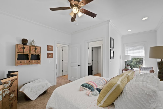 bedroom with recessed lighting, ornamental molding, carpet flooring, ceiling fan, and baseboards