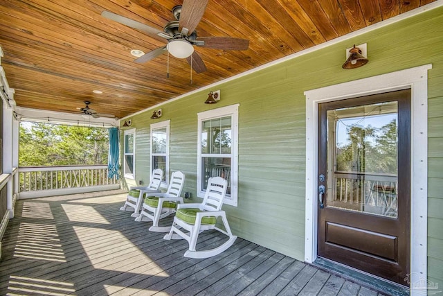 wooden deck with covered porch and ceiling fan