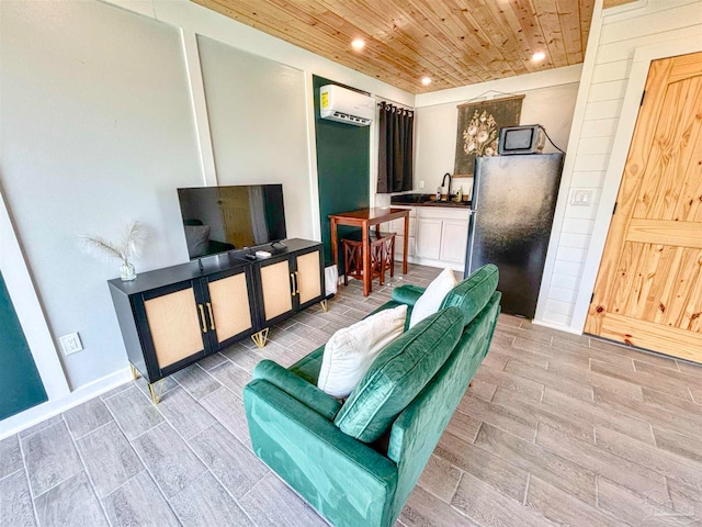 living room featuring light wood-type flooring, wood ceiling, sink, and a wall unit AC