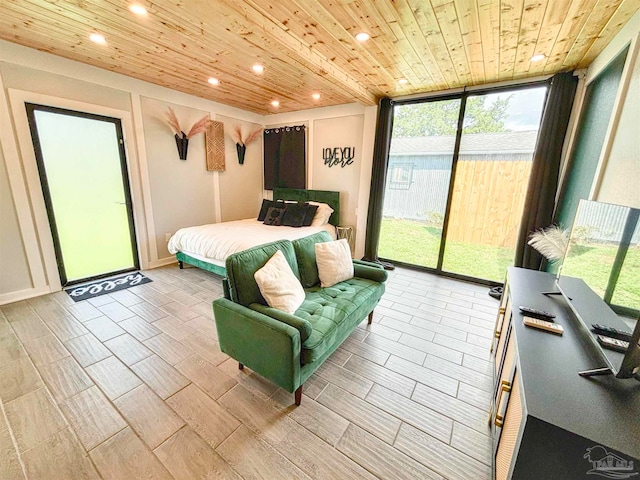 bedroom featuring wooden ceiling and access to exterior