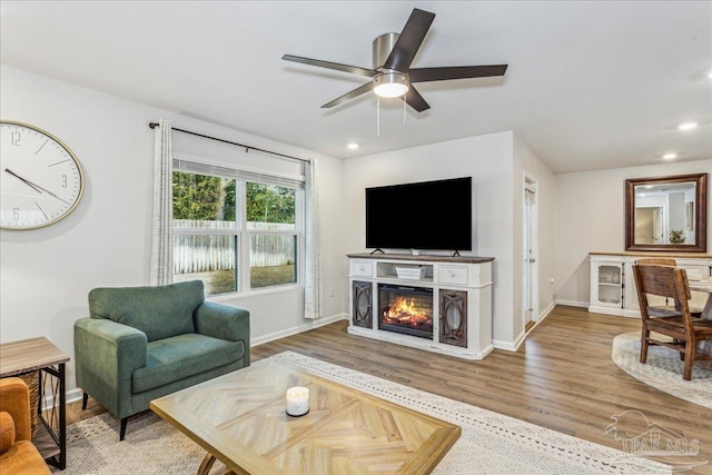 living room with hardwood / wood-style floors and ceiling fan