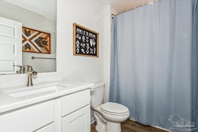 bathroom featuring vanity, hardwood / wood-style floors, and toilet