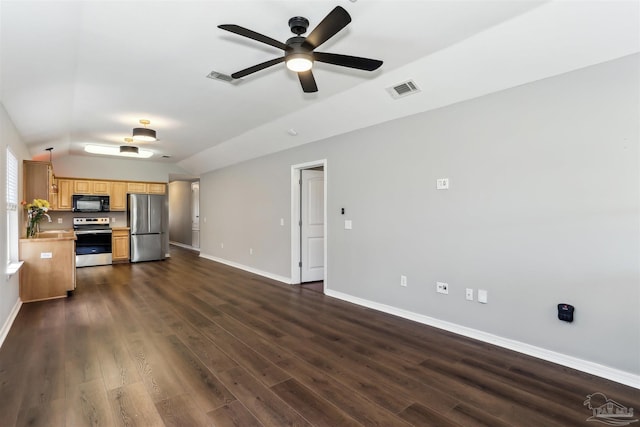unfurnished living room with dark wood-style flooring, visible vents, a ceiling fan, and lofted ceiling