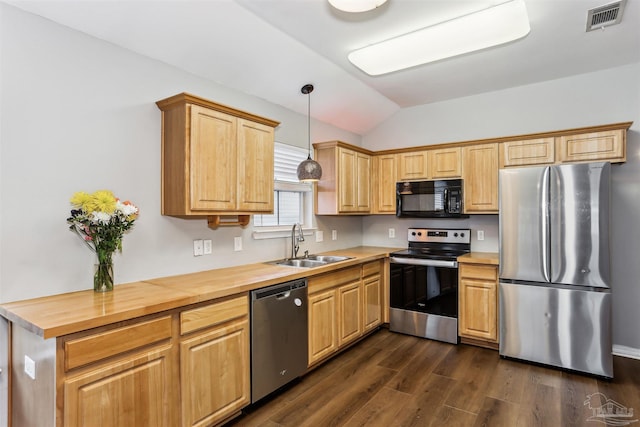kitchen with a sink, appliances with stainless steel finishes, lofted ceiling, and butcher block counters
