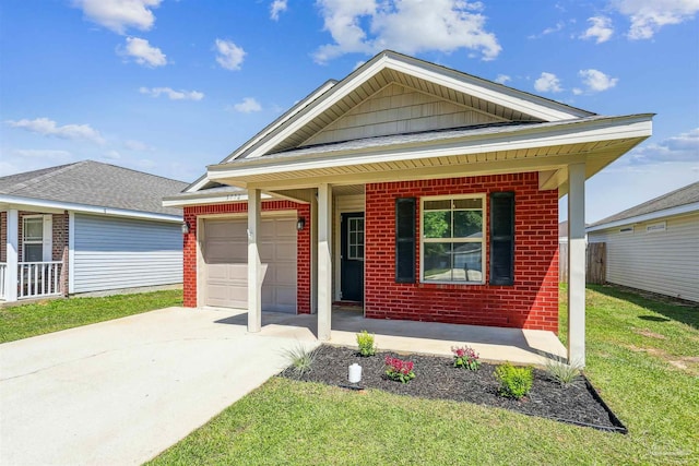 view of front facade featuring concrete driveway, an attached garage, a front yard, a porch, and brick siding