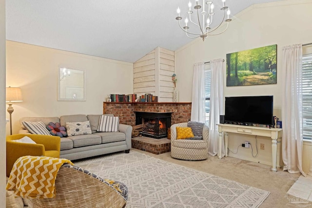 living area featuring a fireplace, carpet, and vaulted ceiling