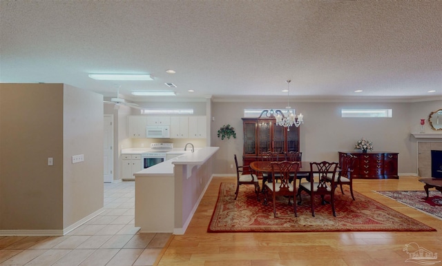 dining space featuring ornamental molding, a fireplace, a textured ceiling, and light hardwood / wood-style flooring