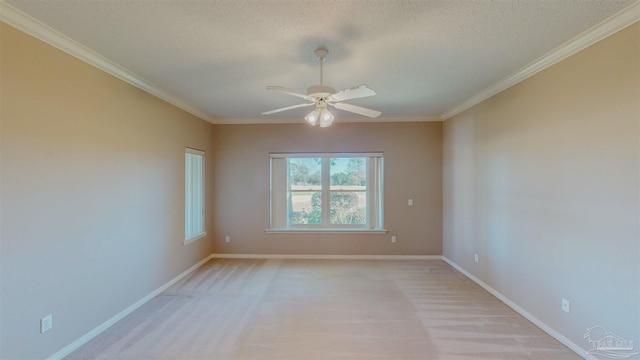 carpeted spare room featuring crown molding, ceiling fan, and a textured ceiling