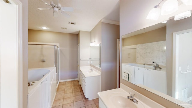 bathroom with ceiling fan, vanity, independent shower and bath, and tile patterned flooring