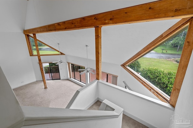 1567 Whisper Bay Blvd, Gulf Breeze, FL 32563 - stairs with carpet, plenty of natural light, a ceiling fan, beam ceiling, and high vaulted ceiling