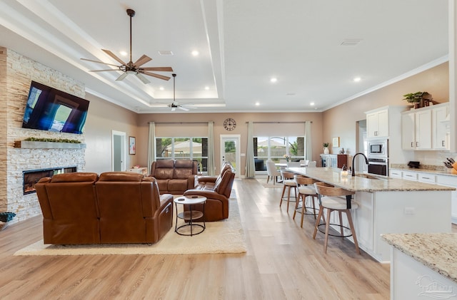 living area with crown molding, a ceiling fan, and light wood finished floors