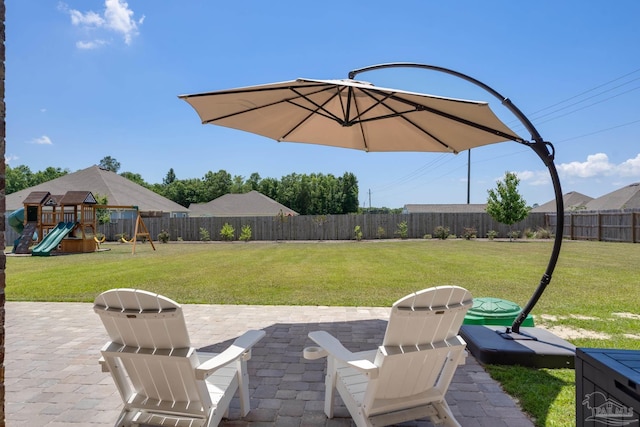 view of patio / terrace featuring a fenced backyard and a playground
