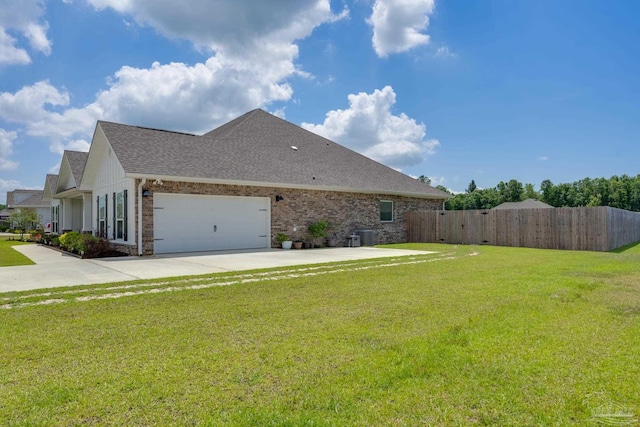 view of property exterior featuring a garage, fence, brick siding, a shingled roof, and a lawn