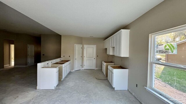 kitchen with a wealth of natural light, a peninsula, and white cabinets