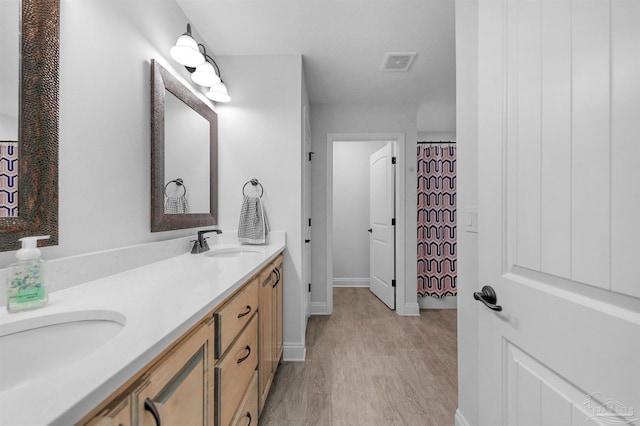 bathroom with hardwood / wood-style flooring and vanity