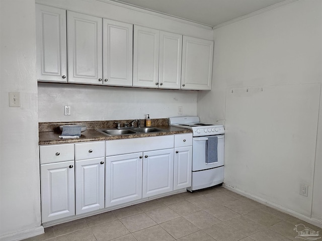 kitchen featuring electric stove, dark countertops, a sink, and white cabinetry