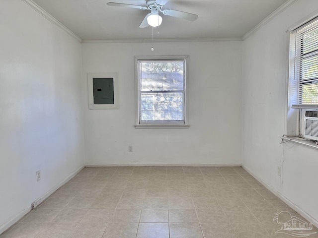 unfurnished room featuring electric panel, baseboards, a ceiling fan, cooling unit, and crown molding