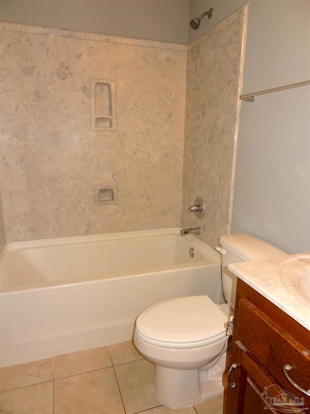 full bathroom featuring tile patterned flooring, shower / bath combination, toilet, and vanity