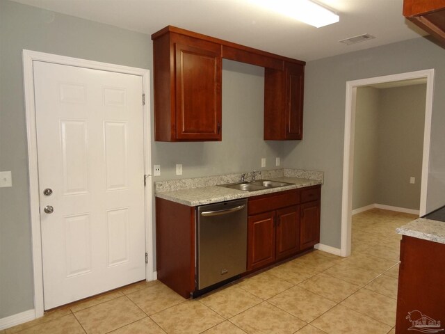 kitchen with light tile patterned flooring, sink, and stainless steel dishwasher