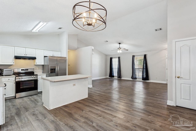 kitchen with a kitchen island, hardwood / wood-style floors, decorative light fixtures, white cabinets, and stainless steel appliances