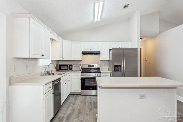 kitchen with vaulted ceiling, appliances with stainless steel finishes, sink, and white cabinets