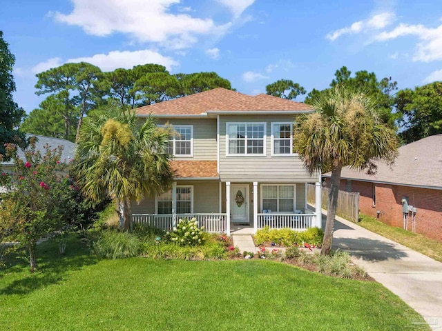 view of front of house with a front yard and covered porch