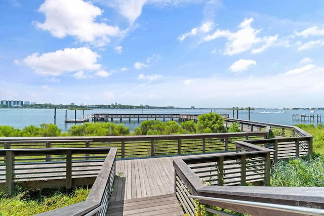 deck featuring a water view