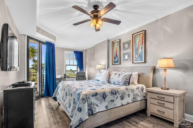 bedroom featuring crown molding, access to outside, wood finished floors, and baseboards