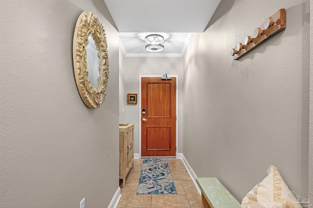 doorway featuring light tile patterned flooring, baseboards, and ornamental molding