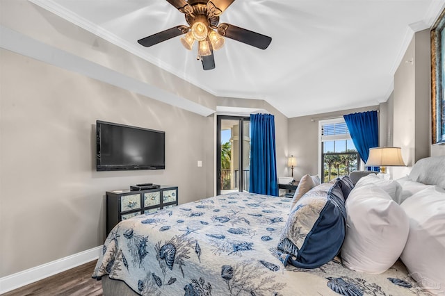 bedroom with baseboards, dark wood-style flooring, ceiling fan, ornamental molding, and access to outside