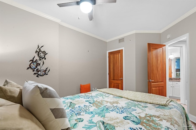 bedroom with crown molding, baseboards, visible vents, and ceiling fan