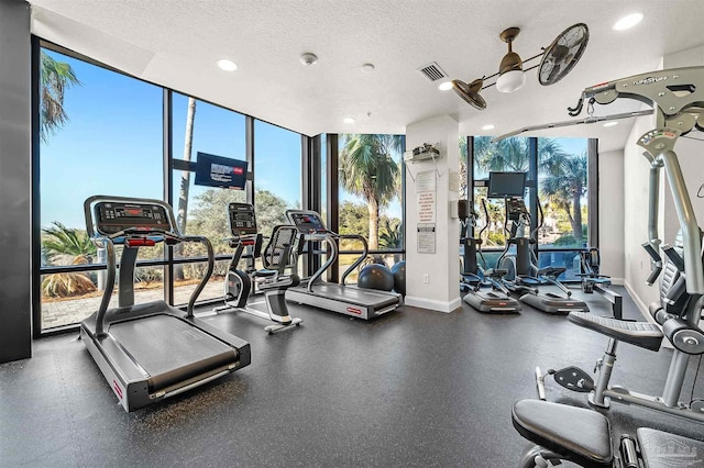 gym with visible vents, a textured ceiling, a wall of windows, and baseboards