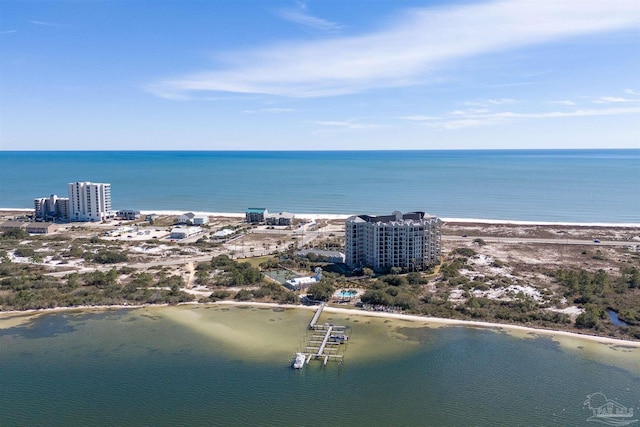 drone / aerial view featuring a view of city and a water view