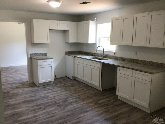 kitchen with sink, white cabinets, and dark wood-type flooring