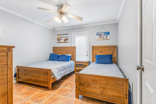 bedroom featuring ceiling fan, light tile patterned flooring, and ornamental molding