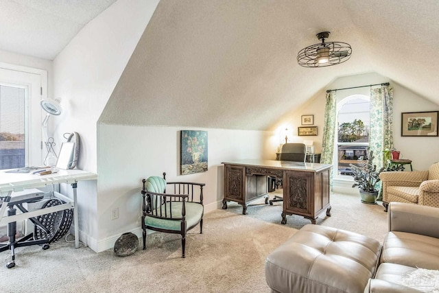 office space with light colored carpet, vaulted ceiling, and a textured ceiling