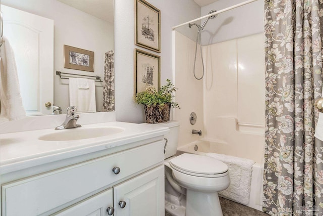 full bathroom with vanity, shower / tub combo with curtain, and toilet