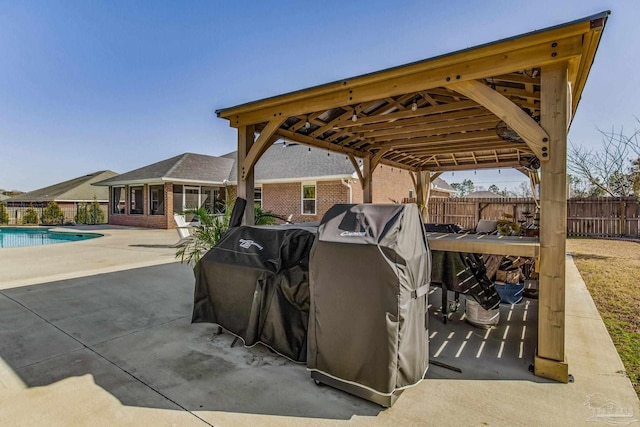 exterior space with a fenced in pool and a grill