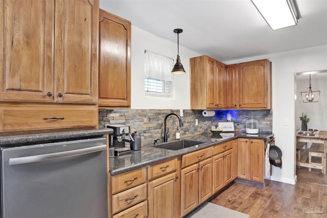 kitchen with pendant lighting, sink, stainless steel dishwasher, and dark hardwood / wood-style floors