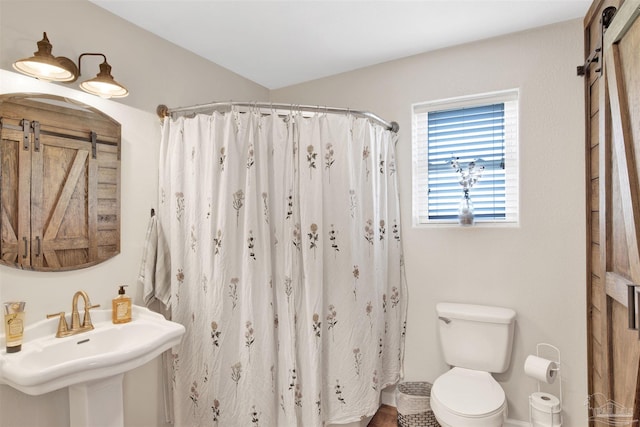 bathroom with walk in shower, sink, and toilet