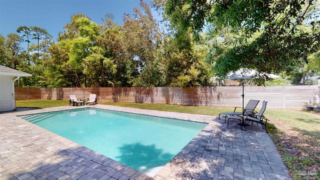 view of swimming pool with a patio and a lawn