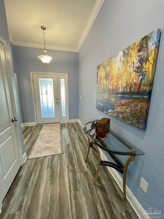 foyer featuring dark hardwood / wood-style floors and ornamental molding