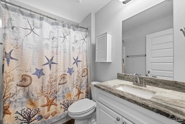 bathroom with vanity, toilet, and curtained shower