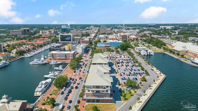 bird's eye view with a water view