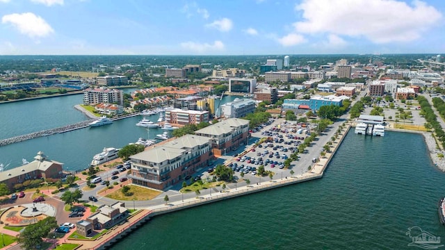 drone / aerial view with a water view